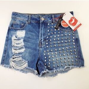 Hot Kiss Blue Jean Shorts with Distressed and Studded Design
